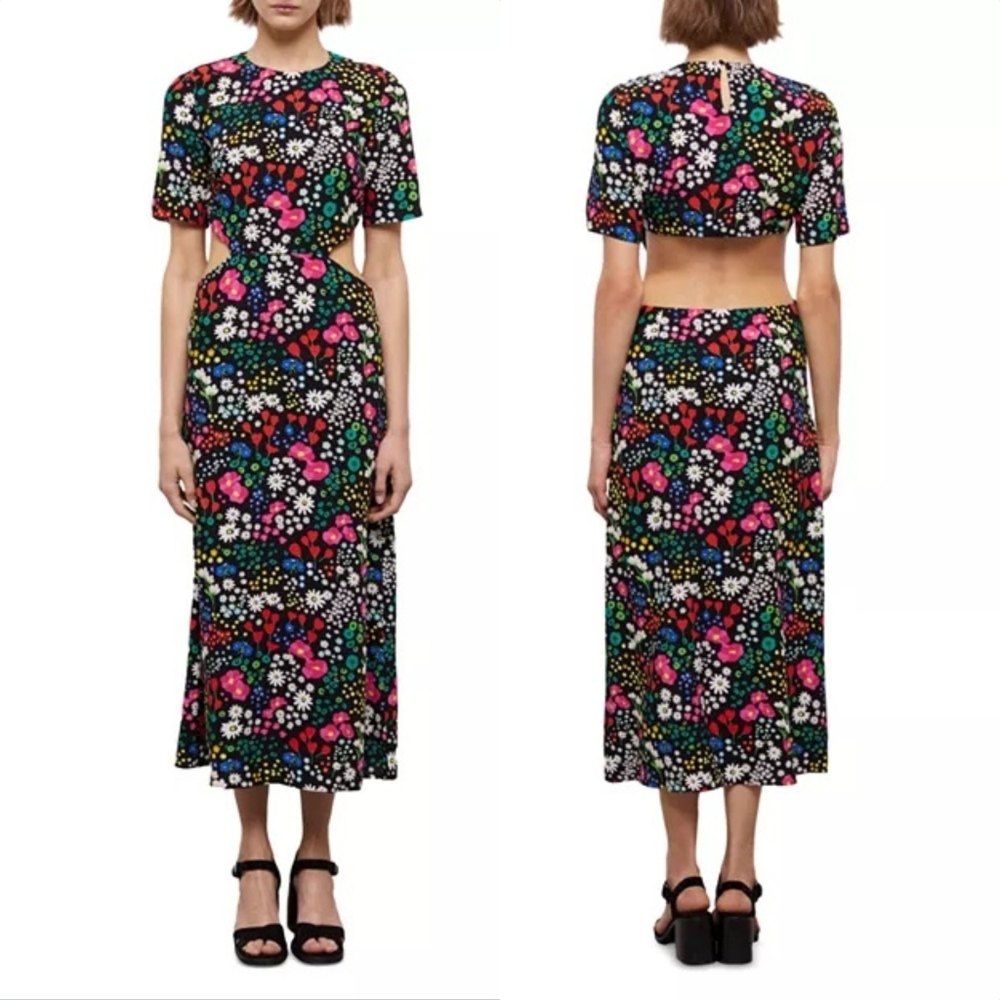 🆕️ The Kooples Joyful Flowers Cut Out Midi Dress in Black